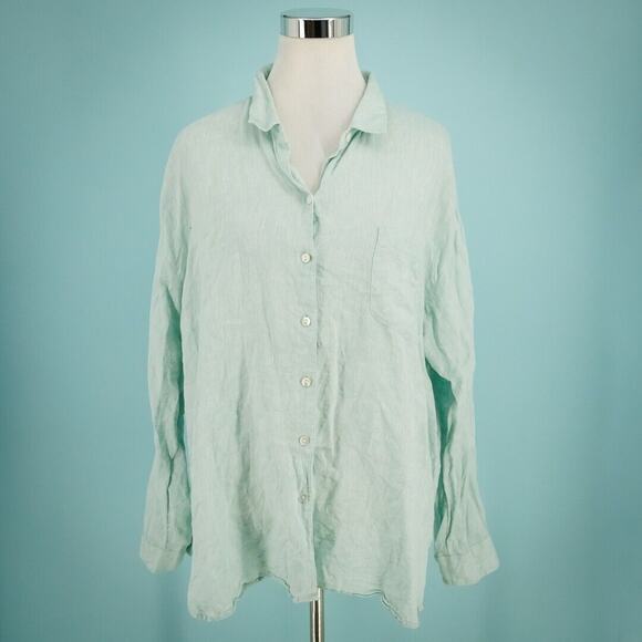 J. Jill Size Large L Love Linen Mint Green Collared Button Front Long Sleeve Top - Picture 1 of 6